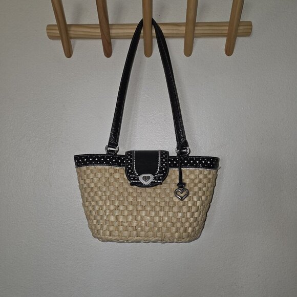 Brighton Straw & Black Leather Woven Tote Bag Heart Charm Polka Dot Trim Purse - Picture 2 of 16